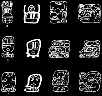 Variantes de glifos mayas de katunes, tunes y uinales.